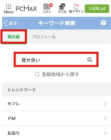 掲示板を選択してキーワード「見せ合い」と入力